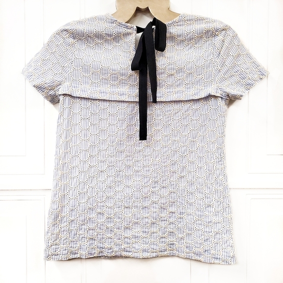 J. CREW Embroidered Eyelet Seersucker Top Sz 0 XS Ribbon Tie Blue White - Picture 8 of 10
